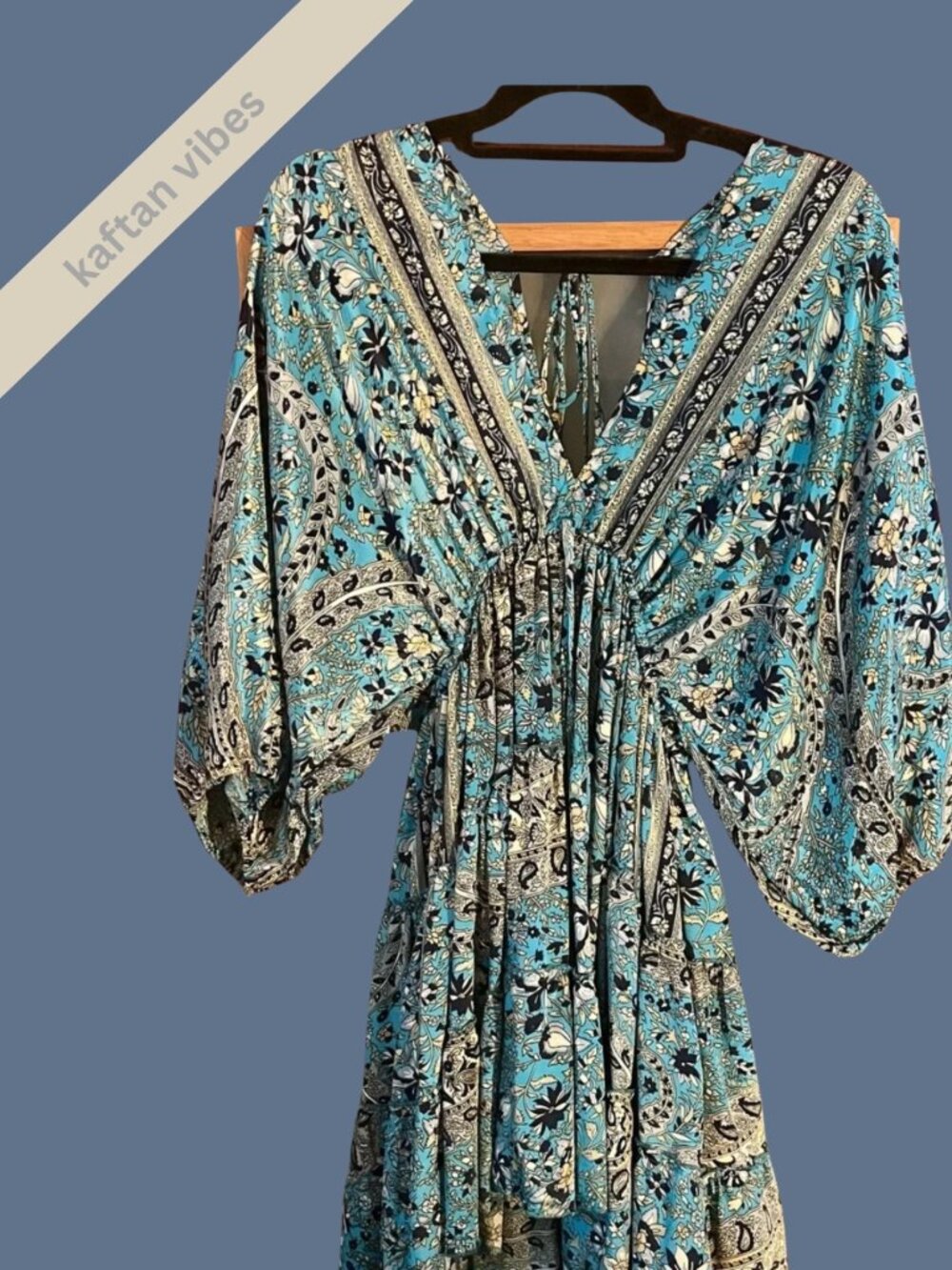 Boho Coastal Floral Paisley Deep V Tie-Back Kaftan Dress India Blues
